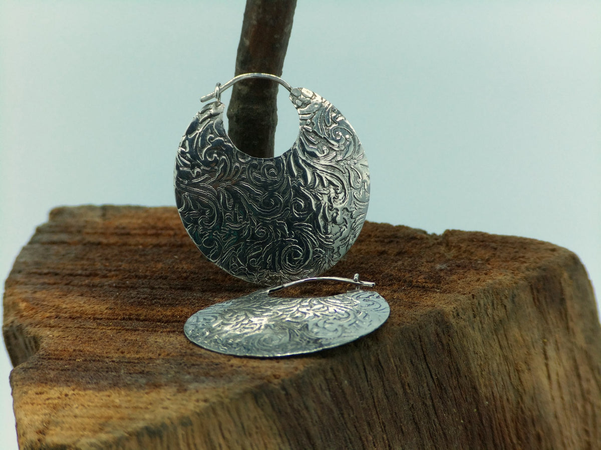 Textured Crescent Hoop Earrings in Sterling Silver