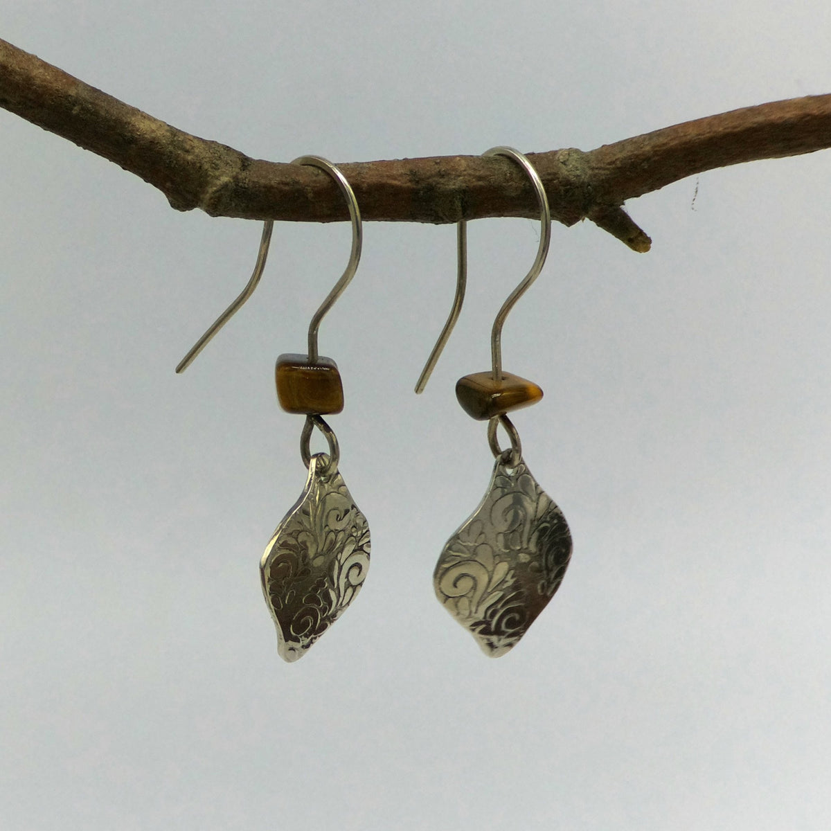 Tiger's Eye Scroll Sterling Drop Earrings