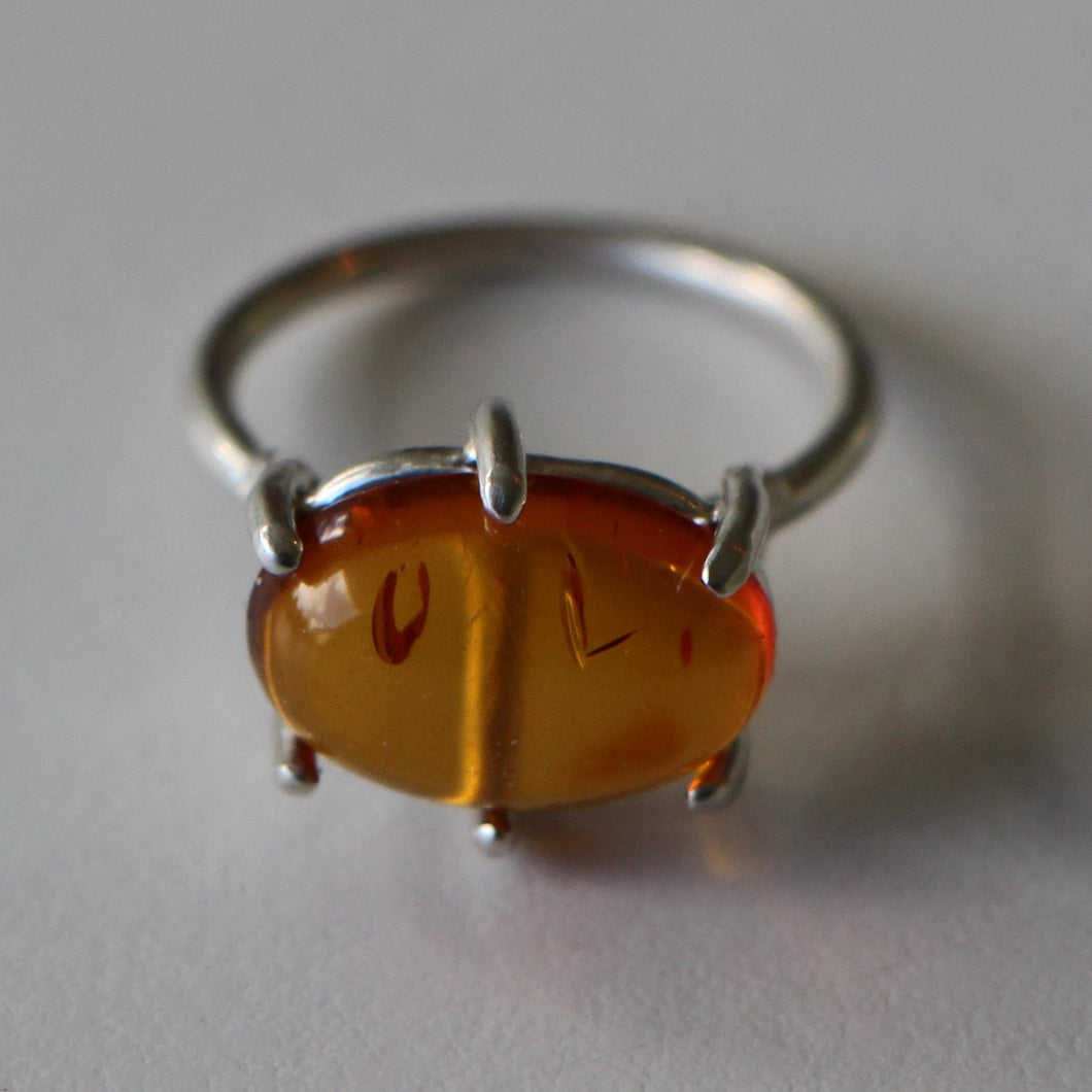 Amber 14mm x 10 mm Cab set in Argentium Sterling Silver US Size 6